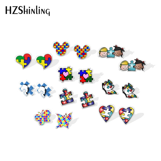 2020 New Autism Awareness Stud Earring Autistic Symbol Acrylic Earring Epoxy Resin Jewelry Handmade Fashion Earrings