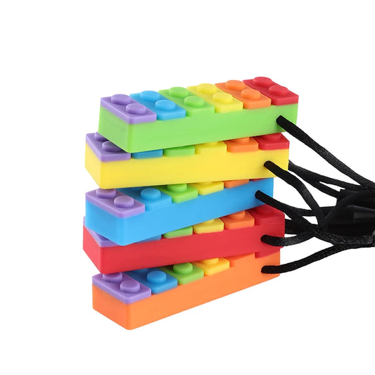 5PCS Rainbow Brick Chew Necklace Baby Silicone Teether Autism Sensory Chew Therapy Tools Kids Chewy Toys