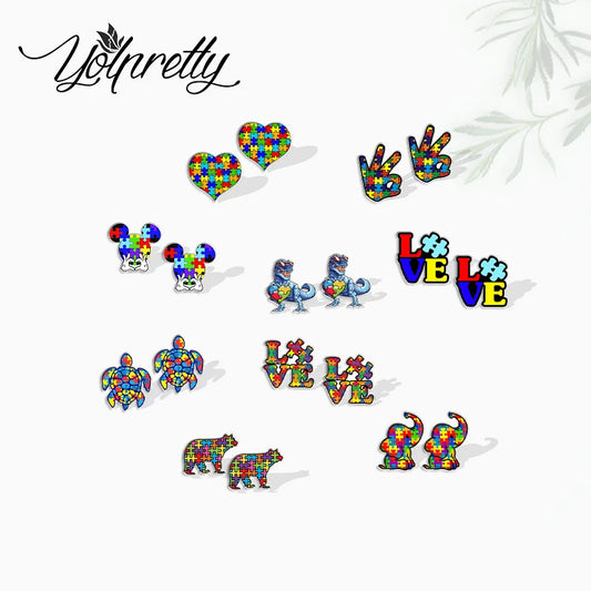 2023 New Arrival Fashion Autism Puzzle Love Autism Awareness Graffiti Epoxy Stud Earrings Handcraft Acrylic Resin Earrings