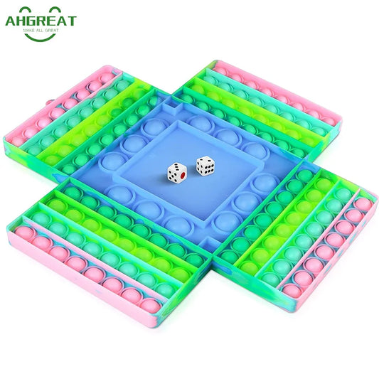 4 Players Chess Board Pop Fidget Toys with 2 Dices Big Size Bubbles Sensory Game for Kids Adults Bubble Popper for Autism
