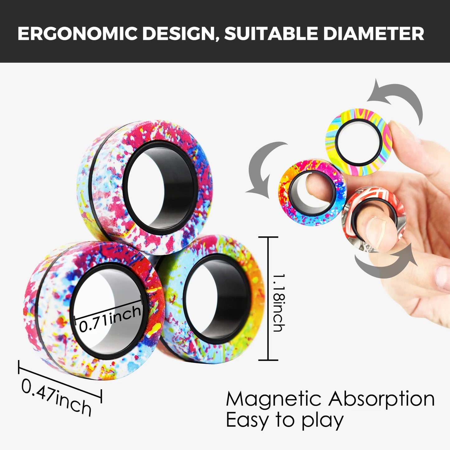 3Pcs Fidget Spinner Magnetic Ring Toys Fingers Magnet Rings ADHD Stress Relief Magical Toys for Adult Kids Anxiety